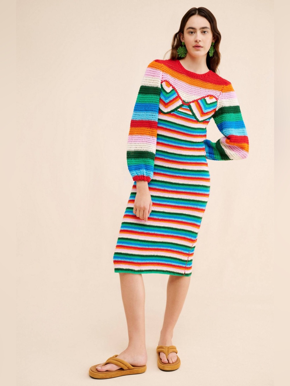 Farm Rio Colorful Stripes Crochet Midi Dress